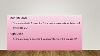 • Modrate dose
• Stimulates beta 1 receptor cause increase rate with force
inscrease CO
• High Dose
• Stimulates alpha recetor vasoconstriction increase BP
 