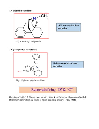 1.N-methyl morphinan:-
Fig:- N-methyl morphinan
2.N-phenyl ethyl morphinan
Fig:- N-phenyl ethyl morphinan
Opening of both C & D ring gives an interesting & useful group of compound called
Benzomorphans which are found to retain analgesic activity. (Kar, 2005)
20% more active than
morphine
15 times more active than
morphine
Removal of ring “D”& “C”
 
