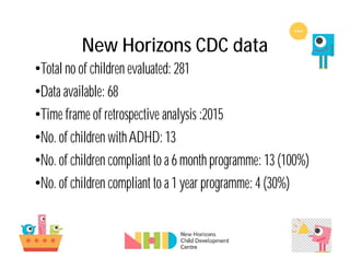 New Horizons CDC data
•Total no of children evaluated: 281
•Data available: 68
•Time frame of retrospective analysis :2015
•No. of children withADHD: 13
•No. of children compliant to a 6 month programme: 13 (100%)
•No. of children compliant to a 1 year programme: 4 (30%)
 