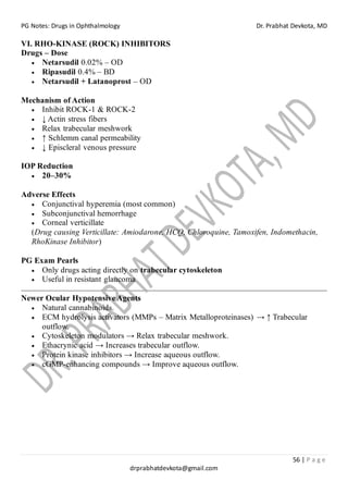 PG Notes: Drugs in Ophthalmology Dr. Prabhat Devkota, MD
56 | P a g e
drprabhatdevkota@gmail.com
VI. RHO-KINASE (ROCK) INHIBITORS
Drugs – Dose
• Netarsudil 0.02% – OD
• Ripasudil 0.4% – BD
• Netarsudil + Latanoprost – OD
Mechanism of Action
• Inhibit ROCK-1 & ROCK-2
• ↓ Actin stress fibers
• Relax trabecular meshwork
• ↑ Schlemm canal permeability
• ↓ Episcleral venous pressure
IOP Reduction
• 20–30%
Adverse Effects
• Conjunctival hyperemia (most common)
• Subconjunctival hemorrhage
• Corneal verticillate
(Drug causing Verticillate: Amiodarone, HCQ, Chloroquine, Tamoxifen, Indomethacin,
RhoKinase Inhibitor)
PG Exam Pearls
• Only drugs acting directly on trabecular cytoskeleton
• Useful in resistant glaucoma
Newer Ocular Hypotensive Agents
• Natural cannabinoids.
• ECM hydrolysis activators (MMPs – Matrix Metalloproteinases) → ↑ Trabecular
outflow.
• Cytoskeleton modulators → Relax trabecular meshwork.
• Ethacrynic acid → Increases trabecular outflow.
• Protein kinase inhibitors → Increase aqueous outflow.
• cGMP-enhancing compounds → Improve aqueous outflow.
 