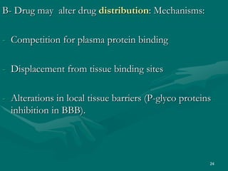 24
B- Drug may alter drug distribution: Mechanisms:
- Competition for plasma protein binding
- Displacement from tissue binding sites
- Alterations in local tissue barriers (P-glyco proteins
inhibition in BBB).
 
