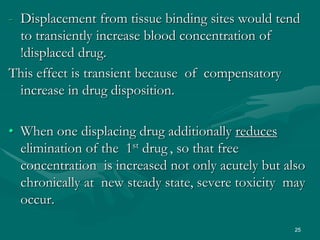 25
- Displacement from tissue binding sites would tend
to transiently increase blood concentration of
!displaced drug.
This effect is transient because of compensatory
increase in drug disposition.
• When one displacing drug additionally reduces
elimination of the 1st drug , so that free
concentration is increased not only acutely but also
chronically at new steady state, severe toxicity may
occur.
 