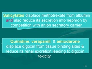 26
Salicylates displace methotrexate from albumin
and also reduce its secretion into nephron by
competition with anion secretory carrier.
Quinidine, verapamil, & amiodarone
displace digoxin from tissue binding sites &
reduce its renal excretion leading to digoxin
toxicity
 