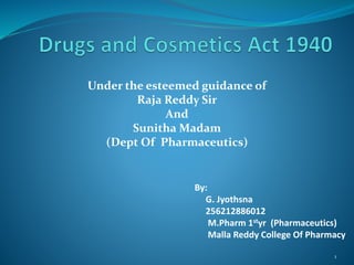 1 
Under the esteemed guidance of 
Raja Reddy Sir 
And 
SunithaMadam 
(Dept Of Pharmaceutics) 
By: 
G. Jyothsna 
256212886012 
M.Pharm 1styr (Pharmaceutics) 
Malla Reddy College Of Pharmacy 
 