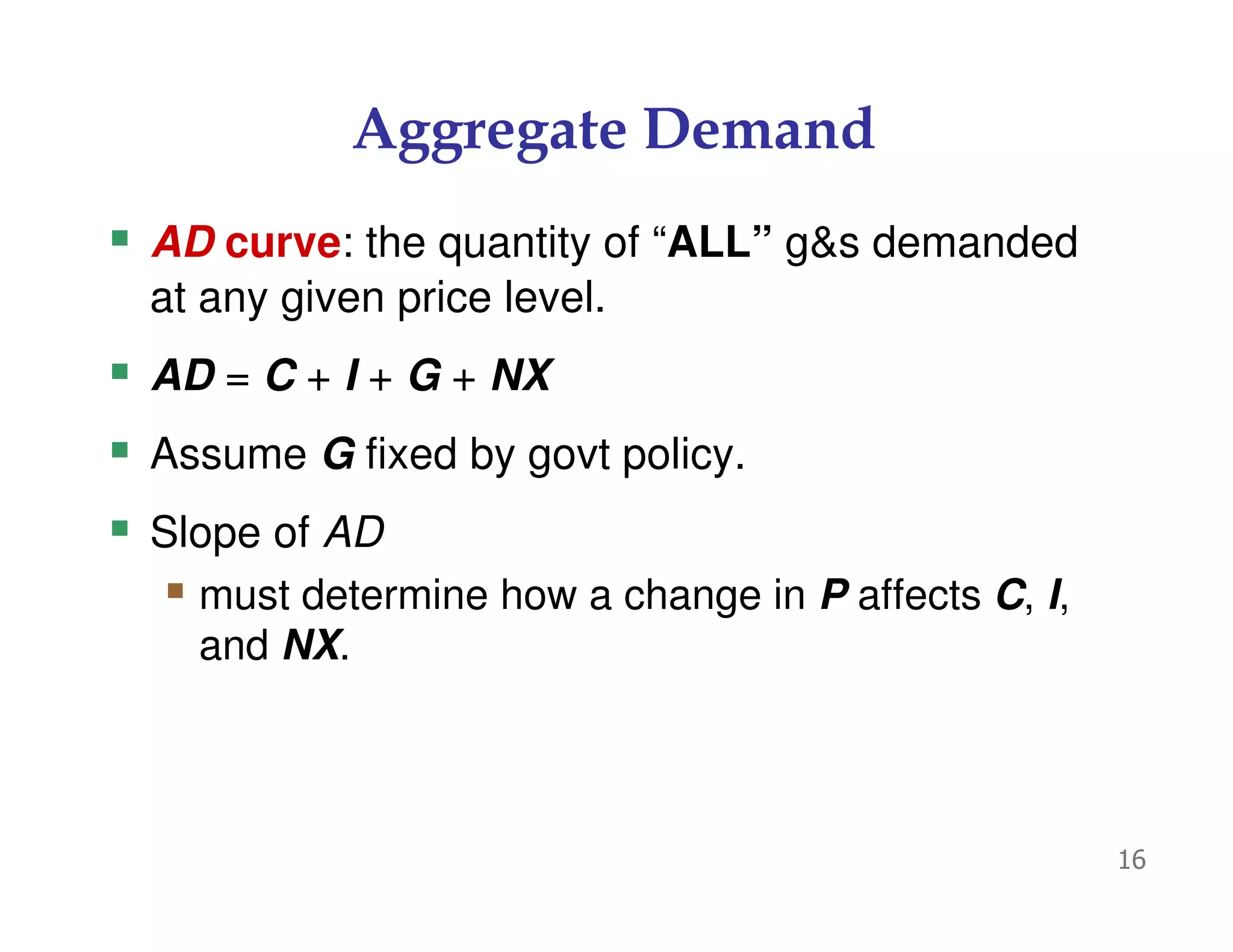 Aggregate Demand
AD curve: the quantity of “ALL” g&s demanded
at any given price level.
AD = C + I + G + NX
Assume G fixed by govt policy.
Slope of AD
must determine how a change in P affects C, I,
and NX.
16
 