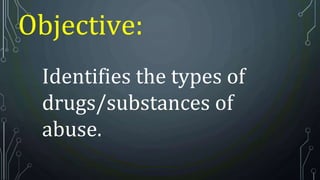 Objective:
Identifies the types of
drugs/substances of
abuse.
 
