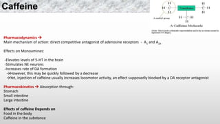 Pharmacodynamics 
Main mechanism of action: direct competitive antagonist of adenosine receptors - A1 and A2a
Effects on Monoamines:
-Elevates levels of 5-HT in the brain
-Stimulates NE neurons
-Increases rate of DA formation
→However, this may be quickly followed by a decrease
→Yet, injection of caffeine usually increases locomotor activity, an effect supposedly blocked by a DA receptor antagonist
Pharmacokinetics  Absorption through:
Stomach
Small intestine
Large intestine
Effects of caffeine Depends on
Food in the body
Caffeine in the substance
Caffeine
 