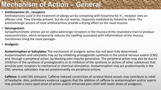 • Antihistaminic (H 1-receptor):
Antihistamines used in the treatment of allergy act by competing with histamine for H 1-receptor sites on
effector cells. They thereby prevent, but do not reverse, responses mediated by histamine alone. The
anticholinergic actions of most antihistamines provide a drying effect on the nasal mucosa
• Decongestant:
Sympathomimetic amines act on alpha-adrenergic receptors in the mucosa of the respiratory tract to produce
vasoconstriction, which temporarily reduces the swelling associated with inflammation of the mucous
membranes lining the nasal passages
• Analgesic:
Acetaminophen or Salicylates: The mechanism of analgesic action has not been fully determined.
Acetaminophen and salicylates may act by inhibiting prostaglandin synthesis in the central nervous system (CNS)
and, through a peripheral action, by blocking pain-impulse generation. The peripheral action may also be due to
inhibition of the synthesis of prostaglandins or to inhibition of the synthesis or actions of other substances that
sensitize pain receptors to mechanical or chemical stimulation. Acetaminophen may act predominantly in the
CNS, whereas salicylates may act predominantly via peripheral actions.
Caffeine: A mild CNS stimulant. Caffeine-induced constriction of cerebral blood vessels may contribute to relief
of headache. Also, preliminary evidence suggests that the addition of caffeine to acetaminophen and/or aspirin
may provide a more rapid onset of action and/or enhanced pain relief with lower doses of analgesics.
Mechanism of Action – General
 