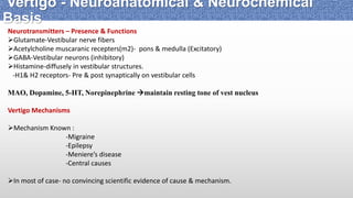 Neurotransmitters – Presence & Functions
Glutamate-Vestibular nerve fibers
Acetylcholine muscaranic recepters(m2)- pons & medulla (Excitatory)
GABA-Vestibular neurons (inhibitory)
Histamine-diffusely in vestibular structures.
-H1& H2 receptors- Pre & post synaptically on vestibular cells
MAO, Dopamine, 5-HT, Norepinephrine maintain resting tone of vest nucleus
Vertigo Mechanisms
Mechanism Known :
-Migraine
-Epilepsy
-Meniere’s disease
-Central causes
In most of case- no convincing scientific evidence of cause & mechanism.
Vertigo - Neuroanatomical & Neurochemical
Basis
 