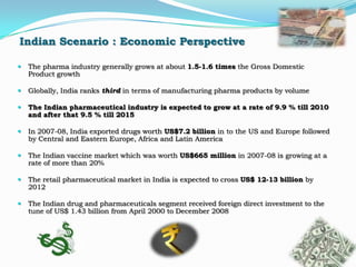 Indian Scenario : Economic Perspective

   The pharma industry generally grows at about 1.5-1.6 times the Gross Domestic
    Product growth

   Globally, India ranks third in terms of manufacturing pharma products by volume

   The Indian pharmaceutical industry is expected to grow at a rate of 9.9 % till 2010
    and after that 9.5 % till 2015

   In 2007-08, India exported drugs worth US$7.2 billion in to the US and Europe followed
    by Central and Eastern Europe, Africa and Latin America

   The Indian vaccine market which was worth US$665 million in 2007-08 is growing at a
    rate of more than 20%

   The retail pharmaceutical market in India is expected to cross US$ 12-13 billion by
    2012

   The Indian drug and pharmaceuticals segment received foreign direct investment to the
    tune of US$ 1.43 billion from April 2000 to December 2008
 