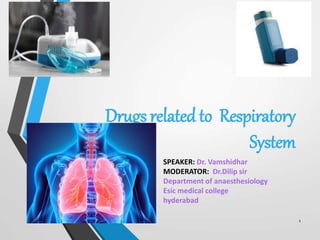 Drugs related to Respiratory
System
1
SPEAKER: Dr. Vamshidhar
MODERATOR: Dr.Dilip sir
Department of anaesthesiology
Esic medical college
hyderabad
 