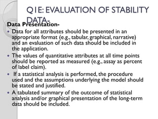 Q1E: EVALUATION OF STABILITY
DATA-
Data Presentation-
 Data for all attributes should be presented in an
appropriate format (e.g., tabular, graphical, narrative)
and an evaluation of such data should be included in
the application.
 The values of quantitative attributes at all time points
should be reported as measured (e.g., assay as percent
of label claim).
 If a statistical analysis is performed, the procedure
used and the assumptions underlying the model should
be stated and justified.
 A tabulated summary of the outcome of statistical
analysis and/or graphical presentation of the long-term
data should be included.
 