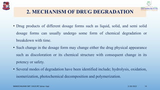 2. MECHANISM OF DRUG DEGRADATION
• Drug products of different dosage forms such as liquid, solid, and semi solid
dosage forms can usually undergo some form of chemical degradation or
breakdown with time.
• Such change in the dosage form may change either the drug physical appearance
such as discoloration or its chemical structure with consequent change in its
potency or safety.
• Several modes of degradation have been identified include; hydrolysis, oxidation,
isomerization, photochemical decomposition and polymerization.
3/28/2022
MANSICHAUHAN SMT. B.N.B SPC Salvav-Vapi 14
 