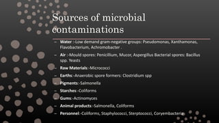 Sources of microbial
contaminations
– Water :-Low demand gram-negative groups: Pseudomonas, Xanthamonas,
Flavobacterium, Achromobacter .
– Air :-Mould spores: Penicillium, Mucor, Aspergillus Bacterial spores: Bacillus
spp. Yeasts
– Raw Materials:-Micrococci
– Earths:-Anaerobic spore formers: Clostridium spp
– Pigments:-Salmonella
– Starches:-Coliforms
– Gums:-Actinomyces
– Animal products:-Salmonella, Coliforms
– Personnel:-Coliforms, Staphylococci, Sterptococci, Coryembacteria
 