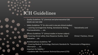 ICH Guidelines
– Quality Guidelines “Q” (chemical and pharmaceutical QA) –
details see next slide
– Safety Guidelines “S” (in vitro and in vivo pre-clinical studies)
– covering Carcinogenicity Testing, Genotoxicity Testing, Toxicokinetics and
Pharmacokinetics ….. etc.
– Efficacy Guidelines “E” (clinical studies in human subject)
– Covering clinical safety, Dose Response Studies, Good Clinical Practices, Clinical
evaluation …. etc
– Multidisciplinary Guidelines “M”
– Covering Medical Terminology, Electronic Standards for Transmission of Regulatory
Information …… etc. –
Important for Stability !
» Guideline M4: The Common Technical Document (CTD)
 