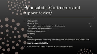 Semisolids (Ointments and
suppositories)
– 1. Changes in:
a. Particle size b.
Polymorphic state, or hydration or solvation state c.
Consistency d. drug release rate
2. Caking or coalescence.
3. Bleeding
– Effects
Loss of drug content uniformity, loss of elegance and change in drug release rate.
– Steps to prevent instability
– Design of product based on proper pre-formulation studies.
 