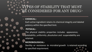 TYPES OF STABILITY THAT MUST
BE CONSIDERED FOR ANY DRUG:-
– CHEMICAL:-
Each active ingredient retains its chemical integrity and labeled
potency within the specified limit.
– PHYSICAL:-
The physical stability properties includes appearance,
palatability ,uniformity ,dissolution and suspendability are
retained.
– MICROBIOLOGICAL:-
Sterility or resistance to microbial growth is retained according
to specified requirement.
 