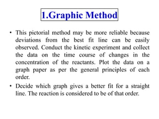 1.Graphic Method
• This pictorial method may be more reliable because
deviations from the best fit line can be easily
observed. Conduct the kinetic experiment and collect
the data on the time course of changes in the
concentration of the reactants. Plot the data on a
graph paper as per the general principles of each
order.
• Decide which graph gives a better fit for a straight
line. The reaction is considered to be of that order.
 