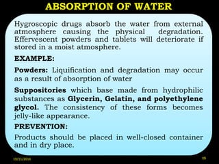 ABSORPTION OF WATER
Hygroscopic drugs absorb the water from external
atmosphere causing the physical degradation.
Effervescent powders and tablets will deteriorate if
stored in a moist atmosphere.
EXAMPLE:
Powders: Liquification and degradation may occur
as a result of absorption of water
Suppositories which base made from hydrophilic
substances as Glycerin, Gelatin, and polyethylene
glycol. The consistency of these forms becomes
jelly-like appearance.
PREVENTION:
Products should be placed in well-closed container
and in dry place.
19/11/2016 15
 