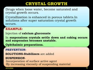 Drugs when loose water, become saturated and
crystal growth occurs.
Crystallization is enhanced in porous tablets.In
solutions after super saturation crystal growth
occurs.
EXAMPLE:
Injection of calcium glucconate
In suspensions crystals settle down and caking occurs
and suspension becomes unstable.
Ophthalmic preparations.
PREVENTION:
SOLUTIONS-Stabilizers are added
SUSPENSION-
·Incorporation of surface active agent
·By increasing viscosity of suspending material
CRYSTAL GROWTH
19/11/2016 16
 