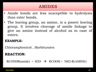 • Amide bonds are less susceptible to hydrolysis
than ester bonds.
• The leaving group, an amine, is a poorer leaving
group. It involves cleavage of amide linkage to
give an amine instead of alcohol as in case of
esters.
EXAMPLE:
Chloramphenicol , Barbiturates
REACTION:
RCONHR(amide) + H2O  RCOOH + NH2-R(AMINE)
19/11/2016 23
 