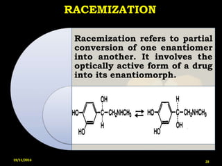 RACEMIZATION
Racemization refers to partial
conversion of one enantiomer
into another. It involves the
optically active form of a drug
into its enantiomorph.
19/11/2016 28
 