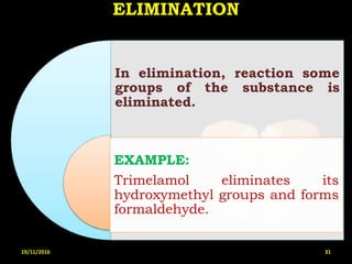 ELIMINATION
In elimination, reaction some
groups of the substance is
eliminated.
EXAMPLE:
Trimelamol eliminates its
hydroxymethyl groups and forms
formaldehyde.
19/11/2016 31
 