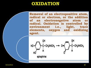 OXIDATION
Removal of an electropositive atom,
radical or electron, or the addition
of an electronegative atom or
radical. Oxidation is controlled by
environment i.e., light, trace
elements, oxygen and oxidizing
agent.
19/11/2016 32
 