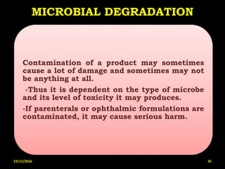 MICROBIAL DEGRADATION
Contamination of a product may sometimes
cause a lot of damage and sometimes may not
be anything at all.
-Thus it is dependent on the type of microbe
and its level of toxicity it may produces.
-If parenterals or ophthalmic formulations are
contaminated, it may cause serious harm.
19/11/2016 35
 