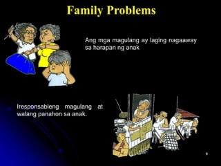 Ang mga magulang ay laging nagaaway
sa harapan ng anak
Iresponsableng magulang at
walang panahon sa anak.
Family Problems
 