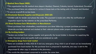 (i) Medical Store Depot (MSD).
• This organisation has 06 medical store deport: Mumbai, Chennai, Calcutta, karnal, Hyderabad, Guwahati.
• The purchased items are subjected to various in house tests at the testing units in Chennai and Mumbai.
• It runs on no-profit & no-loss basis.
(ii) Directorate General Supplies and Disposals (DGS &D)
• DGS&D calls for tender and places the order. The payment is made only after the verification of
inspection report by the indentor on the prescribed Performa.
(iii) Direct Purchase from Wholesellers or Manufacturer
• Direct purchases from wholesellers, manufacturers are done following a proper purchase procedure.
Materials are then received and stocked at their relevant places under proper storage conditions.
(iv) By Inviting tenders
• Tenders are invited from various supplier and generally the lowest bidder is choosen for supplying the
order. However price and quality both are considered as well.
(v) Emergency drugs from local market
• Items not available at MSD, DGS & D and any emergency drug which is out of stock can be immediately
purchased from local market. For this purchase form is prepared in duplicate, one copy is sent to the
department & other copy is retained in the pharmacy.
• This avoids the department concerned to re-order the same item.
 