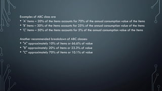 Examples of ABC class are
• 'A' items – 20% of the items accounts for 70% of the annual consumption value of the items
• 'B' items – 30% of the items accounts for 25% of the annual consumption value of the items
• 'C' items – 50% of the items accounts for 5% of the annual consumption value of the items
Another recommended breakdown of ABC classes:
• "A" approximately 10% of items or 66.6% of value
• "B" approximately 20% of items or 23.3% of value
• "C" approximately 70% of items or 10.1% of value
 