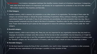 (ii) VED analysis is an inventory management technique that classifies inventory based on its functional importance. It categorizes
stock under three heads based on its importance and necessity for an organization for production or any of its other activities.
VED analysis stands for Vital, Essential, and Desirable.
V- Vital Category
• Includes inventory, which is necessary for production or any other process in an organization. The shortage of items under this
category can severely hamper or disrupt the proper functioning of operations. Hence, continuous checking, evaluation, and
replenishment happen for such stocks. If any of such inventories are unavailable, the entire production chain may stop. Also, a
missing essential component may be of need at the time of a breakdown. Therefore, order for such inventory should be before-
hand. Proper checks should be put in place by the management to ensure the continuous availability of items under the “vital”
category.
E- Essential category
• Includes inventory, which is next to being vital. These, too, are very important for any organization because they may lead to a
stoppage of production or hamper some other process. But the loss due to their unavailability may be temporary, or it might be
possible to repair the stock item or part.The management should ensure optimum availability and maintenance of inventory under
the “Essential” category too. The unavailability of inventory under this category should not cause any stoppage or delays.
D- Desirable Category
• It is the least important among the three, & their unavailability may result in minor stoppages in production or other processes.
Moreover, the easy replenishment of such shortages is possible in a short duration of time.
 