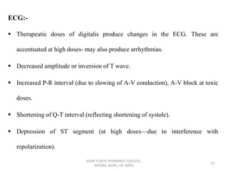 ECG:-
▪ Therapeutic doses of digitalis produce changes in the ECG. These are
accentuated at high doses- may also produce arrhythmias.
▪ Decreased amplitude or inversion of T wave.
▪ Increased P-R interval (due to slowing of A-V conduction), A-V block at toxic
doses.
▪ Shortening of Q-T interval (reflecting shortening of systole).
▪ Depression of ST segment (at high doses—due to interference with
repolarization).
AGRA PUBLIC PHARMACY COLLEGE,
ARTONI, AGRA, UP, INDIA
13
 