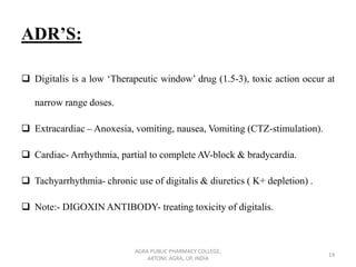 ADR’S:
❑ Digitalis is a low ‘Therapeutic window’ drug (1.5-3), toxic action occur at
narrow range doses.
❑ Extracardiac – Anoxesia, vomiting, nausea, Vomiting (CTZ-stimulation).
❑ Cardiac- Arrhythmia, partial to complete AV-block & bradycardia.
❑ Tachyarrhythmia- chronic use of digitalis & diuretics ( K+ depletion) .
❑ Note:- DIGOXIN ANTIBODY- treating toxicity of digitalis.
AGRA PUBLIC PHARMACY COLLEGE,
ARTONI, AGRA, UP, INDIA
14
 