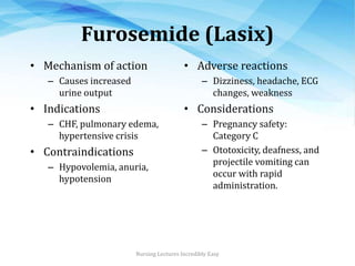 Furosemide (Lasix)
• Mechanism of action
– Causes increased
urine output
• Indications
– CHF, pulmonary edema,
hypertensiv...