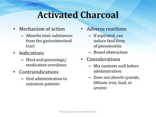 Activated Charcoal
• Mechanism of action
– Absorbs toxic substances
from the gastrointestinal
tract
• Indications
– Most o...