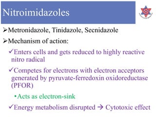 Nitroimidazoles
Metronidazole, Tinidazole, Secnidazole
Mechanism of action:
Enters cells and gets reduced to highly reactive
nitro radical
Competes for electrons with electron acceptors
generated by pyruvate-ferredoxin oxidoreductase
(PFOR)
•Acts as electron-sink
Energy metabolism disrupted  Cytotoxic effect
 