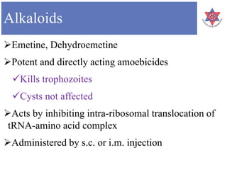 Alkaloids
Emetine, Dehydroemetine
Potent and directly acting amoebicides
Kills trophozoites
Cysts not affected
Acts by inhibiting intra-ribosomal translocation of
tRNA-amino acid complex
Administered by s.c. or i.m. injection
 