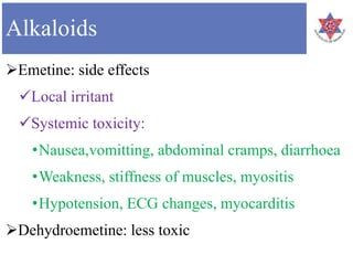 Alkaloids
Emetine: side effects
Local irritant
Systemic toxicity:
•Nausea,vomitting, abdominal cramps, diarrhoea
•Weakness, stiffness of muscles, myositis
•Hypotension, ECG changes, myocarditis
Dehydroemetine: less toxic
 