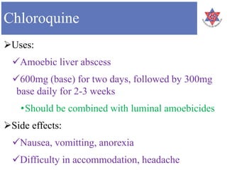 Chloroquine
Uses:
Amoebic liver abscess
600mg (base) for two days, followed by 300mg
base daily for 2-3 weeks
•Should be combined with luminal amoebicides
Side effects:
Nausea, vomitting, anorexia
Difficulty in accommodation, headache
 