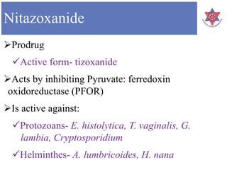 Nitazoxanide
Prodrug
Active form- tizoxanide
Acts by inhibiting Pyruvate: ferredoxin
oxidoreductase (PFOR)
Is active against:
Protozoans- E. histolytica, T. vaginalis, G.
lambia, Cryptosporidium
Helminthes- A. lumbricoides, H. nana
 