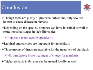 Conclusion
Though there are plenty of protozoal infections, only few are
known to cause disease in humans
Depending on the species, protozoa can have intestinal as well as
extra-intestinal stages in their life cycles
Important pharmacotherapeutically
Luminal amoebicides are important for amoebiasis
Three groups of drugs are available for the treatment of giardiasis
Nitroimidazole is the treatment of choice for giardiasis
Trichomoniasis in females can be treated locally as well
 