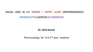 DRUGS USED IN GIT SYSTEM : PEPTIC ULCER /ANTISPASMODICS/
ANTIMOTILITY/ LAXATIVES & PURGATIVES
Dr. Vinit Kumar
Pharmacology for O.A 2nd year students
 