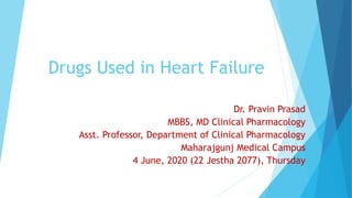 Drugs Used in Heart Failure
Dr. Pravin Prasad
MBBS, MD Clinical Pharmacology
Asst. Professor, Department of Clinical Pharmacology
Maharajgunj Medical Campus
4 June, 2020 (22 Jestha 2077), Thursday
 