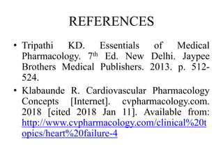 REFERENCES
• Tripathi KD. Essentials of Medical
Pharmacology. 7th Ed. New Delhi. Jaypee
Brothers Medical Publishers. 2013. p. 512-
524.
• Klabaunde R. Cardiovascular Pharmacology
Concepts [Internet]. cvpharmacology.com.
2018 [cited 2018 Jan 11]. Available from:
http://www.cvpharmacology.com/clinical%20t
opics/heart%20failure-4
 