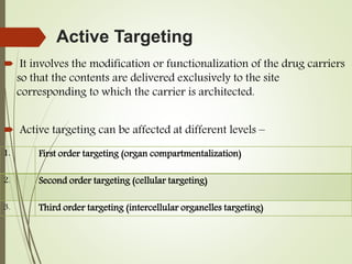 Active Targeting
 It involves the modification or functionalization of the drug carriers
so that the contents are delivered exclusively to the site
corresponding to which the carrier is architected.
 Active targeting can be affected at different levels –
1. First order targeting (organ compartmentalization)
2. Second order targeting (cellular targeting)
3. Third order targeting (intercellular organelles targeting)
 