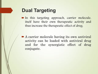 Dual Targeting
 In this targeting approach, carrier molecule,
itself have their own therapeutic activity and
thus increase the therapeutic effect of drug.
 A carrier molecule having its own antiviral
activity can be loaded with antiviral drug
and for the synergistic effect of drug
conjugate.
 
