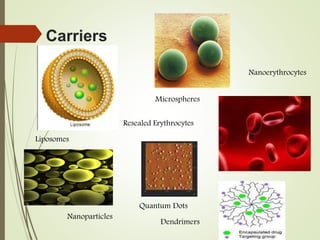 Carriers
Liposomes
Microspheres
Nanoparticles
Quantum Dots
Dendrimers
Nanoerythrocytes
Resealed Erythrocytes
 