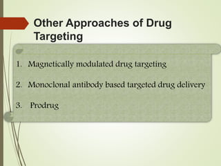 Other Approaches of Drug
Targeting
1. Magnetically modulated drug targeting
2. Monoclonal antibody based targeted drug delivery
3. Prodrug
 